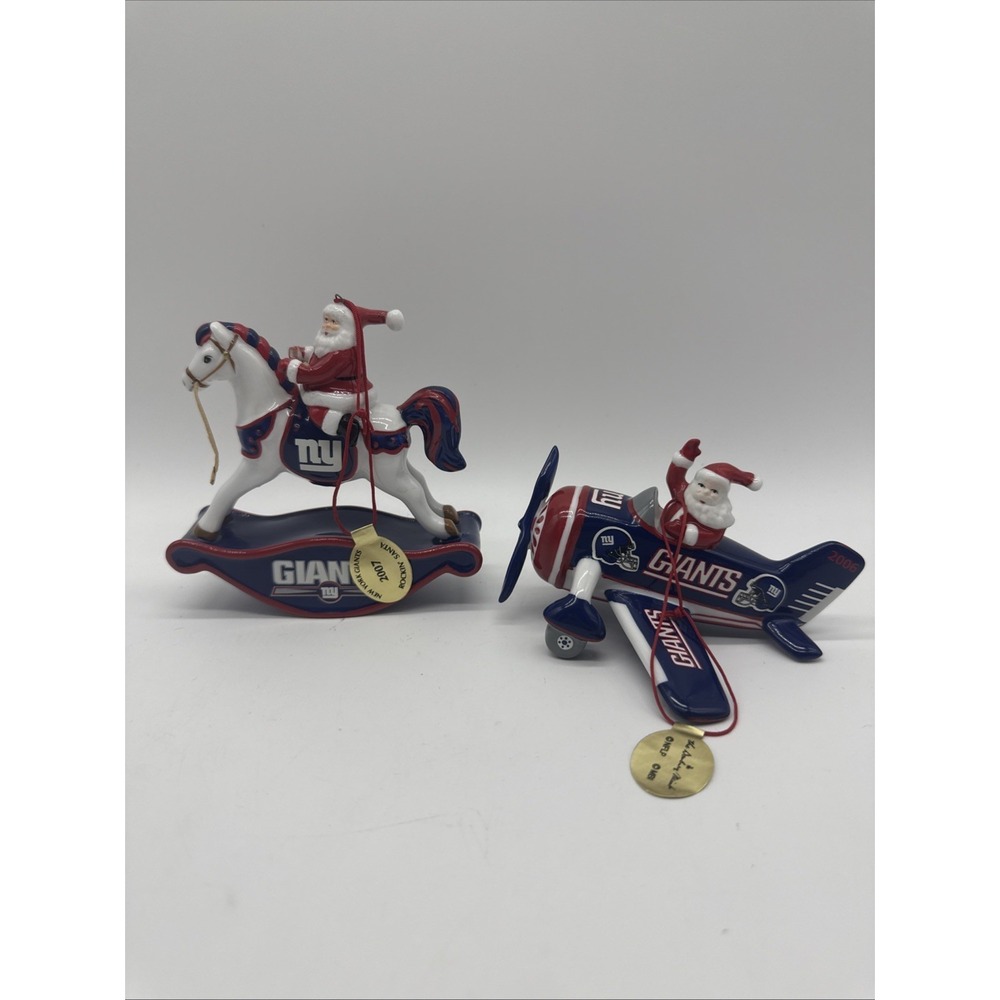 NY Giants Danbury Mint Ornaments: 2007 Rocking Horse & 2006 Victory Plane Santa